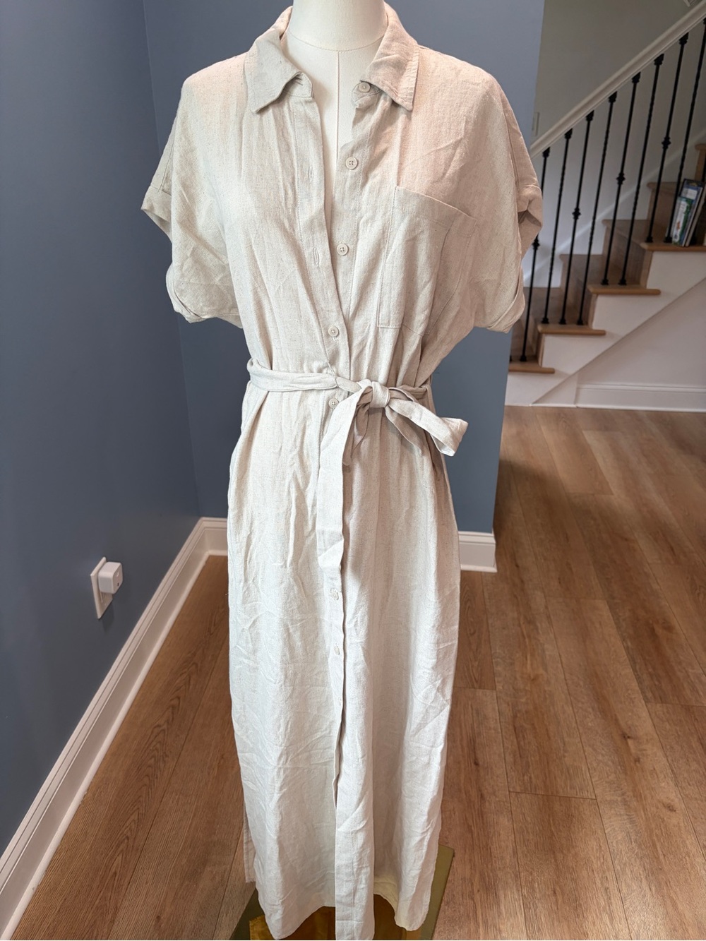Calvin Klein Linen Blend Belted Maxi Shirt Dress Size 6 Beige Natural